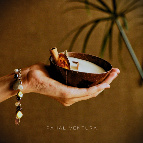 bohemian, coconut shell candle, soy wax candle, pahal ventura